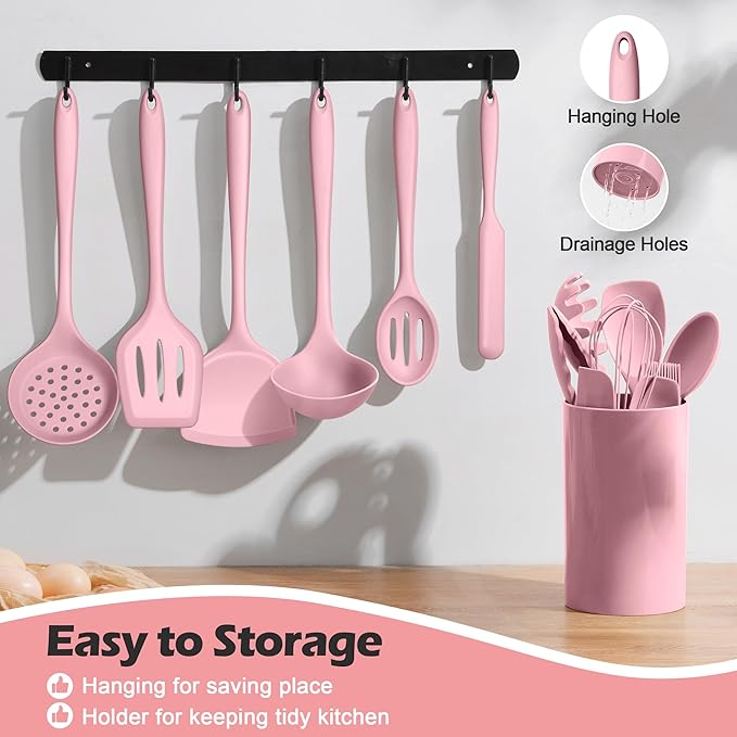 Homikit 15-Piece Kitchen Utensil Set, Silicone Cooking Utensils Spatula Set with Holder for Nonstick Cookware, Heat Resistant Kitchen Tools Gadgets for Cooking and Baking-Pink - Image 4