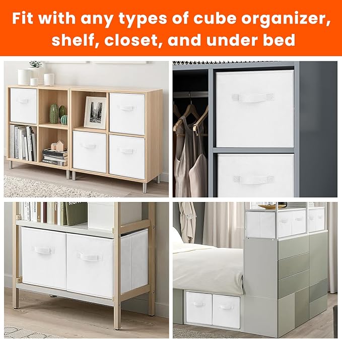 Criusia Storage Cubes - 13 Inch Heavy Duty Fabric Storage Bins for Shelves Closet Cube Organizer - 8 Pack Collapsible Cube Storage Bins Baskets for Clothes Blankets Toys - Nursery Organization (White) - Image 3