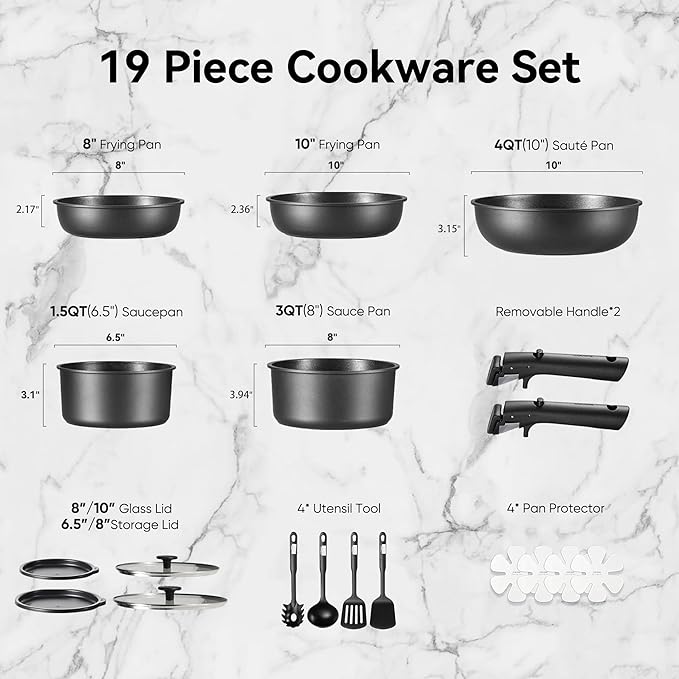 CAROTE 19Pcs Pots and Pans Set Non Stick, Cookware Set Detachable Handle, Nonstick Induction Kitchen Sets Non Stick with Removable Handle, RV Cook Ware, Oven Safe, Black - Image 2