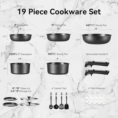 CAROTE 19Pcs Pots and Pans Set Non Stick, Cookware Set Detachable Handle, Nonstick Induction Kitchen Sets Non Stick with Removable Handle, RV Cook Ware, Oven Safe, Black - Image 2