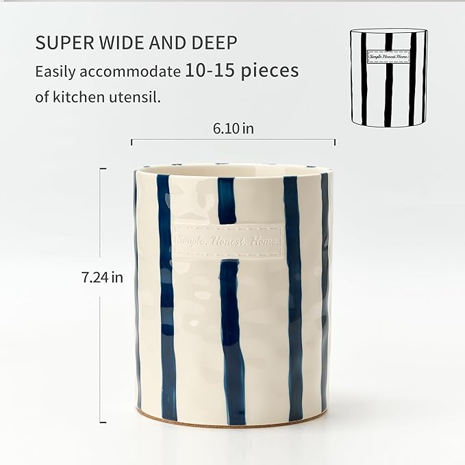 JIEMEI HOME Kitchen Utensil Holder, 7.2" Ceramic Stable Utensil Crock for Countertop, Modern Minimalism Style Cooking Tool Organizer with Cork Mat, Spatula Holder For Kitchen Decor, Blue stripes - Image 2