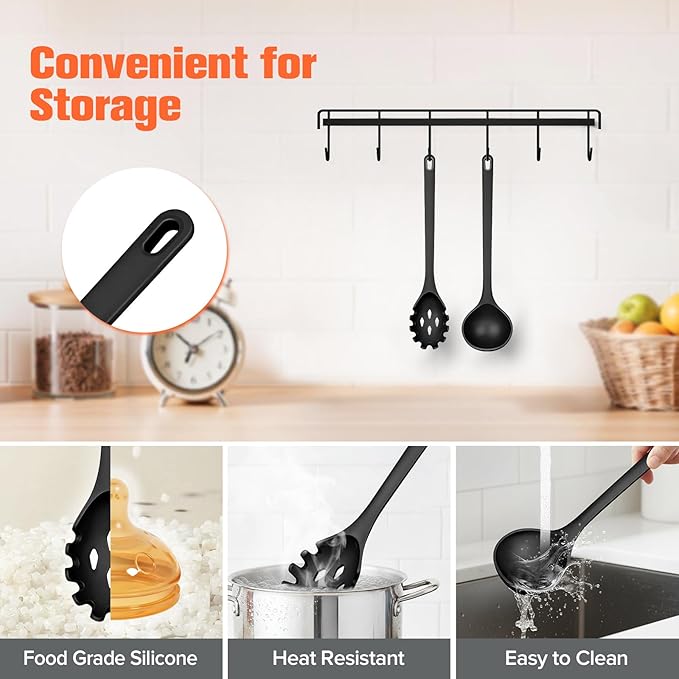 Silicone Spaghetti Spoon&Soup Ladle Cooking Utensils Set of 2,No Scratch for Nonstick Cookware,BPA Free, 450℉ Heat Resistant (BLACK) - Image 4