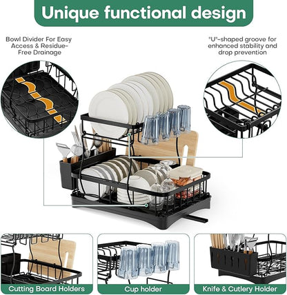 2 Tier Dish Rack, Carbon Steel Dish Drying Rack for Kitchen Organization & Storage, Countertop / Sink Dish Rack with Automatic Drain Tray, Large Capacity Black Dish Rack - Essential Home Kitchen Item