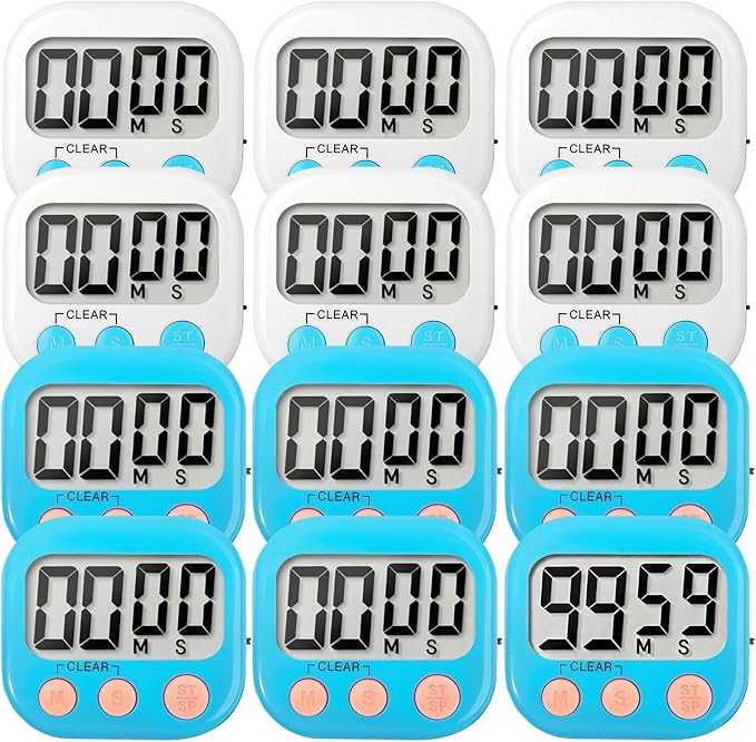 12 Pack Digital Kitchen Timer Small Classroom Timers for Kids Teachers (Blue&White) by VOULOIR