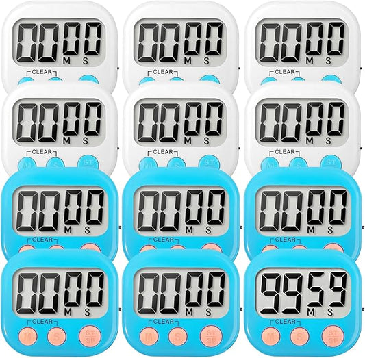 12 Pack Digital Kitchen Timer Small Classroom Timers for Kids Teachers (Blue&White) by VOULOIR