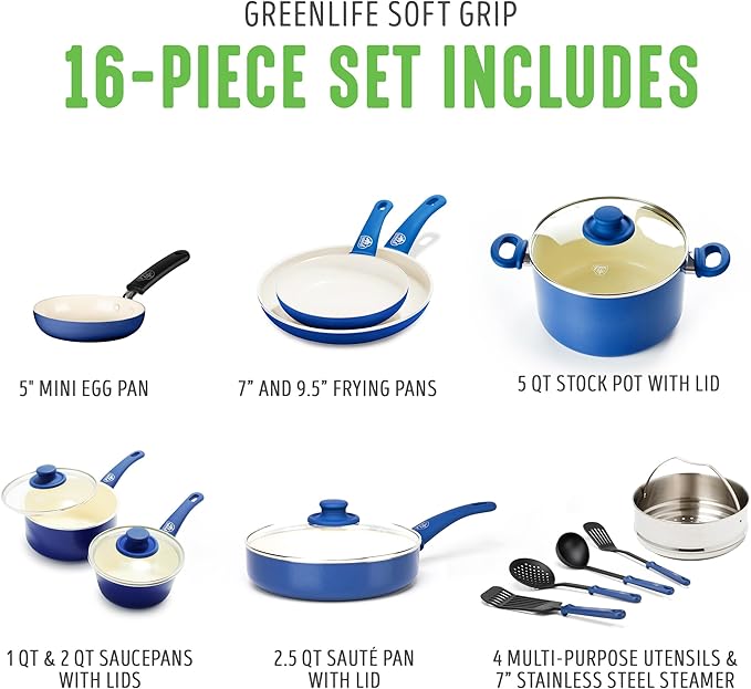 GreenLife 16 Piece Nonstick Cookware Set, Soft Grip Non-Toxic PFAS-Free Ceramic Pots & Pans, Dishwasher & Oven Safe, Frying, Sauce, Saute, Utensils, Glass Lids, Stay-Cool Handles, Wobble Free, Blue - Image 3