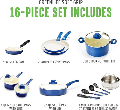 GreenLife 16 Piece Nonstick Cookware Set, Soft Grip Non-Toxic PFAS-Free Ceramic Pots & Pans, Dishwasher & Oven Safe, Frying, Sauce, Saute, Utensils, Glass Lids, Stay-Cool Handles, Wobble Free, Blue - Image 3