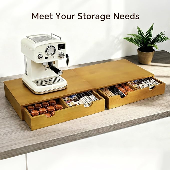 Coffee Pod 15" X 11" X 3" Natural Wood Countertop Organizer Drawer, Counter Top Espresso Tea Bag Station Storage Holder Box, Brown - Image 8