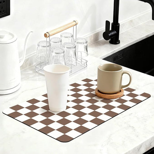 16" x 24" Checkered Dish Drying Mat for Kitchen Counter, Absorbent Coffee Bar Mat for Espresso Machine Coffee Countertops Accessories, Coffee Brown by Unknown