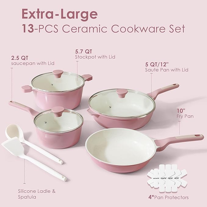 SENSARTE Nonstick Ceramic Cookware Set Large 13-Piece, Healthy Pots and Pans Set Dishwasher Safe, Non-toxic Kitchen Cooking Set with Stay-Cool Handles, Induction Compatible, PFAS Free, Pink - Image 6