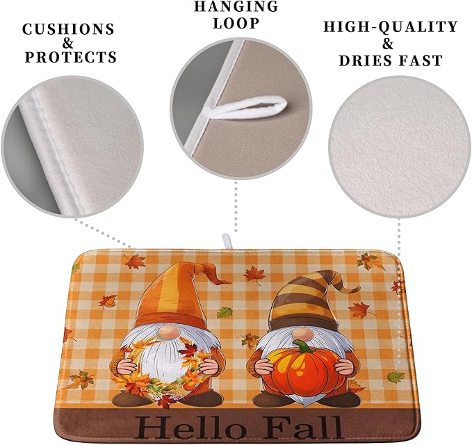Hello Fall Autumn Gnomes Dish Drying Mat 18x24 Thanksgiving Pumpkin Maple Leaves Harvest Kitchen Drying Mat Orange White Buffalo Plaid Dish Drainer Mat Ultra Absorbent Dish Rack Pad for Coffee Bar - Image 3