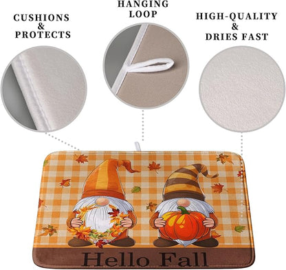 Hello Fall Autumn Gnomes Dish Drying Mat 18x24 Thanksgiving Pumpkin Maple Leaves Harvest Kitchen Drying Mat Orange White Buffalo Plaid Dish Drainer Mat Ultra Absorbent Dish Rack Pad for Coffee Bar - Image 3