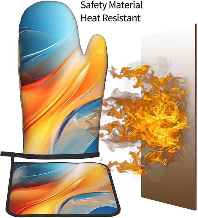 Burnt Orange Blue Abstract Fluid Oven Mitts and Pot Holders Sets of 3, Heat Resistant Non-Slip Boho Modern Kitchen Gloves Gift for Cooking Lover, Stylish Kitchen Decor for Baking BBQ Cooking Grilling - Image 7