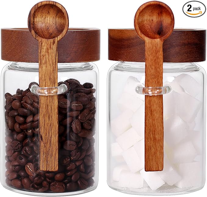 SAIOOL Sugar Jar with Lid and Spoon Set of 2, 16 OZ Tea Canisters for Loose Tea Jars with Screw Mouth, Coffee Container for Ground, Retro Style Truly Airtight by SAIOOL