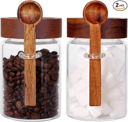 SAIOOL Sugar Jar with Lid and Spoon Set of 2, 16 OZ Tea Canisters for Loose Tea Jars with Screw Mouth, Coffee Container for Ground, Retro Style Truly Airtight by SAIOOL