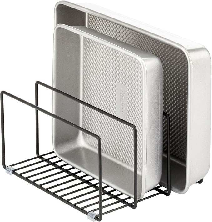 mDesign Metal Pan Organizer for Kitchen Cabinet, Counter, Pantry Shelf - 3 Slots for Baking Sheets, Muffin Pans, Cutting Boards, Frying Pans - Pan Organizer and Storage - Concerto Collection - Black - Image 7
