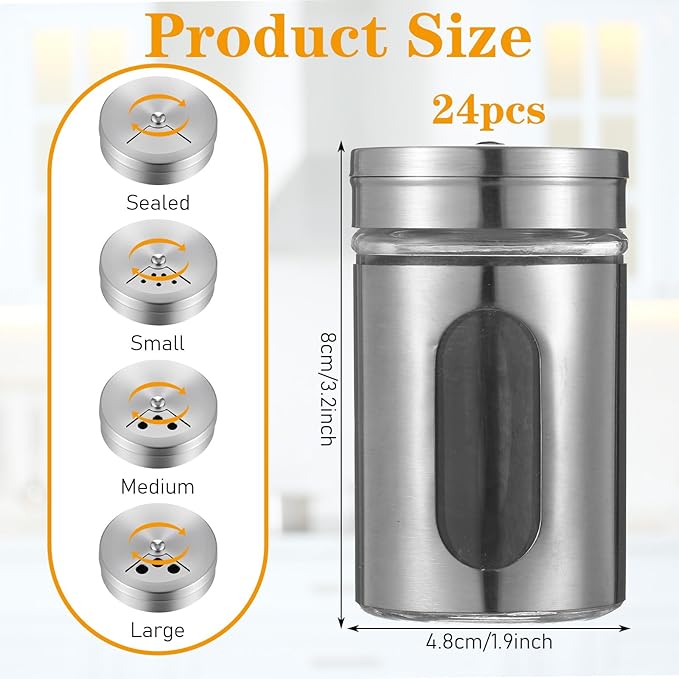 24 Pcs Stainless Steel Spice Jars with Shaker Lids, Seasoning Jars with Adjustable Pour Holes and Glass Window, Empty Spice Bottles for Kitchen Salt Pepper Sugar Seasonings (3.4oz) - Image 2