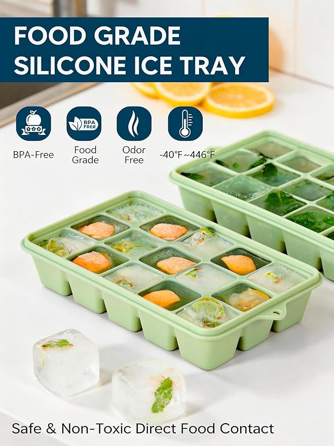 Silicone Ice Cube Tray, 2 Pack Ice Trays for Freezer with Lid, Easy Release and Stackable Silicone Ice Molds, Covered Ice Cube Trays for Cocktails, Whiskey, Coffee (Green) - Image 4