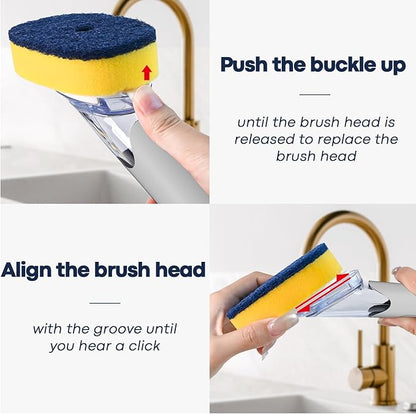 Dish Brush with Soap Dispenser Storage Set with 2 PCS Sponge Refills & Holder, Soap Dispensing Dish Brushes, Sponge with Soap Dispenser Handle, Dish Sponges with Handle for Dishes Pans Pots Sink(Gray)