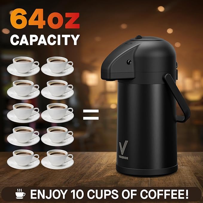Airpot Coffee Carafe for Keeping Hot - 64 OZ/ 2.0L Coffee Dispenser with Pump - Insulated Stainless Steel thermal carafe for Hot Drinks Water Tea Chocolate - Hot Beverage Dispenser for Parties - Image 5