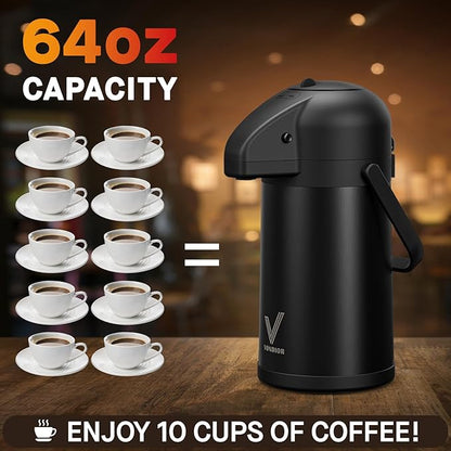 Airpot Coffee Carafe for Keeping Hot - 64 OZ/ 2.0L Coffee Dispenser with Pump - Insulated Stainless Steel thermal carafe for Hot Drinks Water Tea Chocolate - Hot Beverage Dispenser for Parties - Image 5