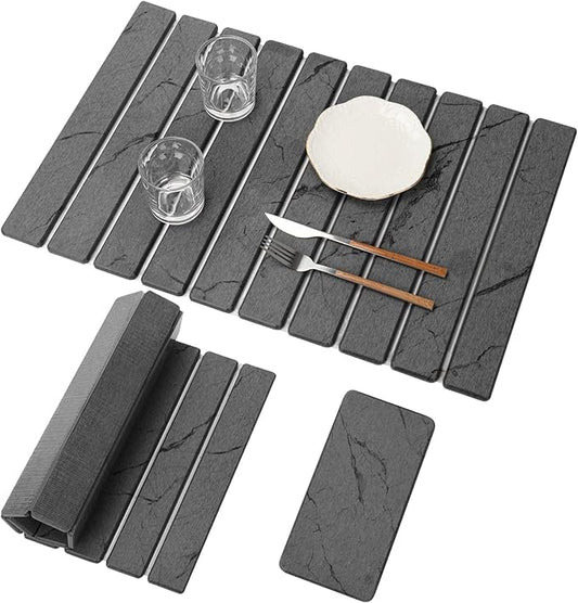 2 PCS Large Stone Dish Drying Mat for Kitchen Counter, Marbled Quick Dry Stone Dish Mats, Diatomaceous Earth Drying Pad, Foldable and Super Absorbent Dish Drying Stone Mat (Dark Gray 24"×16" & 8"×4") by Unknown