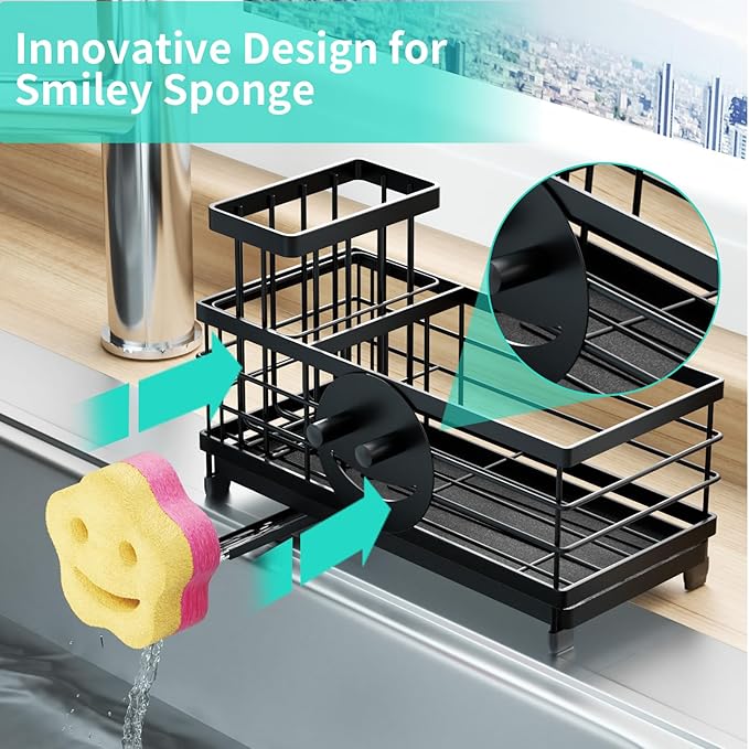 HapiRm Sponge Holder for Kitchen Sink - Self-draining Sink Caddy with Smiley Face and Brush Holder, Stainless Steel Kitchen Countertop Essentials and Gadgets - Black - Image 2