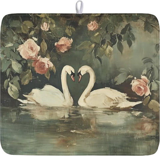 Swans Dish Drying Mat 18x16 Inch, White Swan Drying Mat with Absorbent Reversible Microfiber, Wildlife Aesthetic Dish Drainer Mats Summer Rack Pad for Coffee Countertop Kitchen Protector