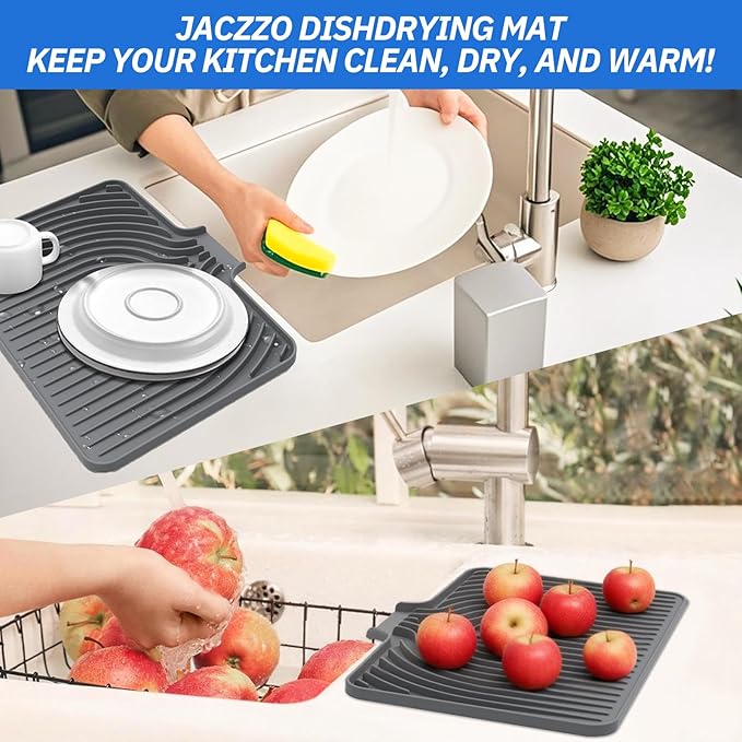 JACZZO Silicone Dish Drying Mat for Kitchen Counter, 19.7" x 17.2" Large Drying Mat with Built-in Drain Lip, Heat Resistant Countertop Protector Pad, Fast Drying & Easy Clean, Grey - Image 6