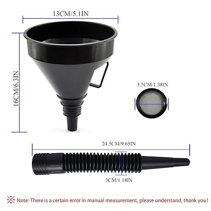 Flex Funnel - Wide Mouth Flexible Funnel with Handle, Automotive Funnels for Engine Oil, Liquid, Diesel, Kerosene,Gasoline (1PACK Black FUNNELS)