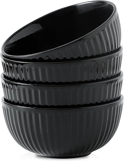 HASENSE 7 Inch Large Serving Bowls Set of 4, 42 Oz Black Ceramic Salad Bowl for Kitchen,Modern Ribbed Porcelain Dishes for Entertaining,Soup,Pho,Pasta,Cereal, Noodle - Dishwasher & Microwave Safe