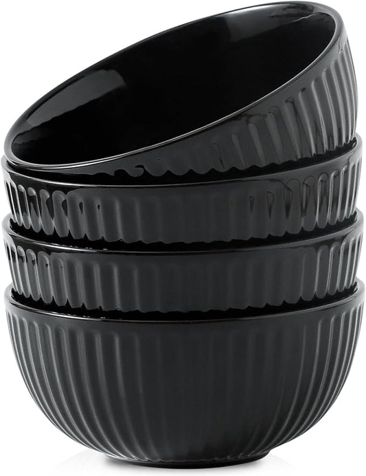 HASENSE 7 Inch Large Serving Bowls Set of 4, 42 Oz Black Ceramic Salad Bowl for Kitchen,Modern Ribbed Porcelain Dishes for Entertaining,Soup,Pho,Pasta,Cereal, Noodle - Dishwasher & Microwave Safe