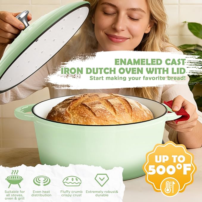 Enameled Cast Iron Dutch Oven Pot with Lid, Incl. Sourdough Bread Baking Supplies Like Banneton Bread Proofing Basket, Starter Jar, Scoring Tool Lame, 5QT Dutch Oven for Bread Baking, Oven Safe up to 500°F - Image 5