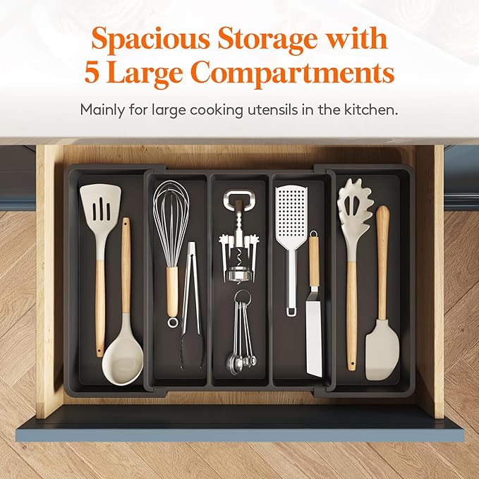Lifewit Utensil Organizer for Kitchen Drawers, Expandable Cooking Utensil Tray, Adjustable Cutlery Silverware Flatware Holder, Plastic Spatula Tools Storage Divider, 13-22 x 15", Black - Image 3