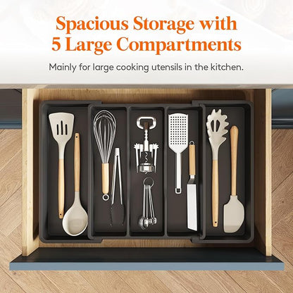 Lifewit Utensil Organizer for Kitchen Drawers, Expandable Cooking Utensil Tray, Adjustable Cutlery Silverware Flatware Holder, Plastic Spatula Tools Storage Divider, 13-22 x 15", Black - Image 3