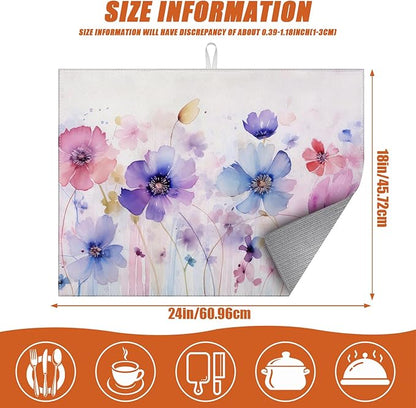 Watercolor Flowers Dish Drying Mat for Kitchen Counter Microfiber Absorbent Dish Kitchen Drying Mat Draining Reusable Washable for Dishes/Utensils/Counterto
