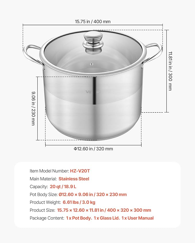 VEVOR Stainless Steel Stock Pot, 16QT Stainless Steel Stockpot with Glass Lid, PFOA-Free, PFAS-Free, Compatible with Gas Stoves, Induction Cooktops, Electric Stoves, for Soups, Stews, and Pasta - Image 7