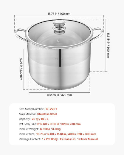 VEVOR Stainless Steel Stock Pot, 16QT Stainless Steel Stockpot with Glass Lid, PFOA-Free, PFAS-Free, Compatible with Gas Stoves, Induction Cooktops, Electric Stoves, for Soups, Stews, and Pasta - Image 7