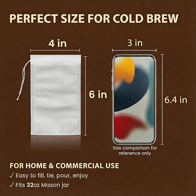 Cold Brew Bags, 120 Count Brew Coffee Filter Bags, 4 * 6 Inch Fine Mesh Drawstring Pouches, Fits Mason Jars & French Press, Ideal for Tea, Herbs & Spices - Image 2
