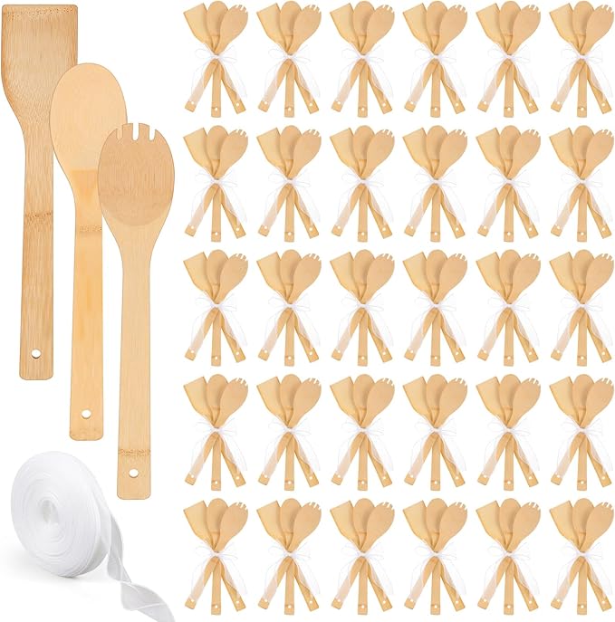 Reallnaive 108 Pcs Bamboo Spatula Wooden Kitchen Utensil Bulk 12''wood Spoon Spatula for Cooking with Ribbon Bridal Baby Shower Game Prize Wedding Party Favors Housewarming Gift (Natural Style)