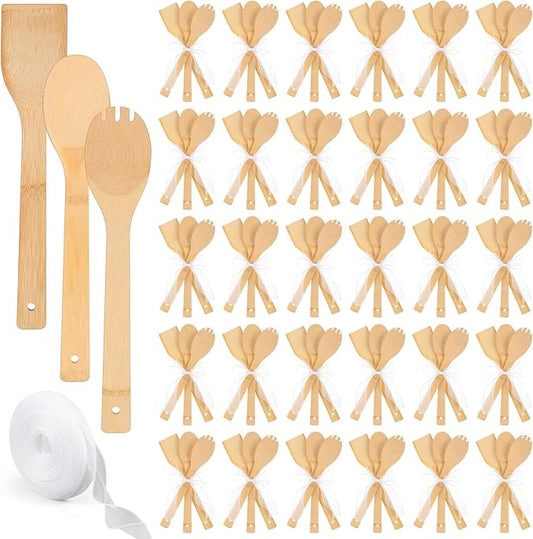 Reallnaive 108 Pcs Bamboo Spatula Wooden Kitchen Utensil Bulk 12''wood Spoon Spatula for Cooking with Ribbon Bridal Baby Shower Game Prize Wedding Party Favors Housewarming Gift (Natural Style)