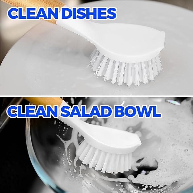 Holikme 3 Pack Dish Brush Set with Bamboo Handle, Kitchen Cleaner for Cleaning Pasta Plate, Salad Bowl, Scrubber with Soft Bristles, Blanco - Image 2