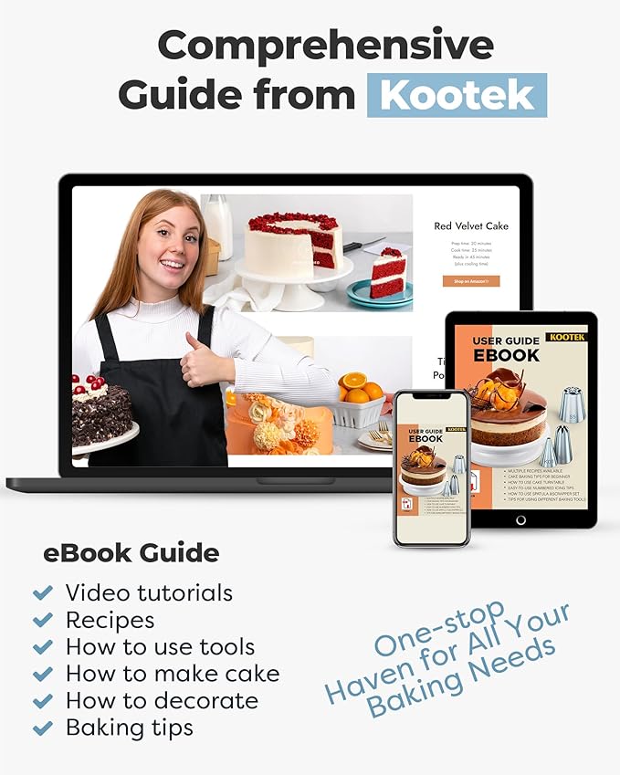 Kootek 71PCs Cake Decorating Kit, Baking Supplies Tools - Includes Cake Stand Turntable, 12 Icing Piping Tips Set, 2 Frosting Spatulas, 3 Scrapers, 50+2 Piping Bags, Coupler, Video Tutorial, Booklet - Image 4