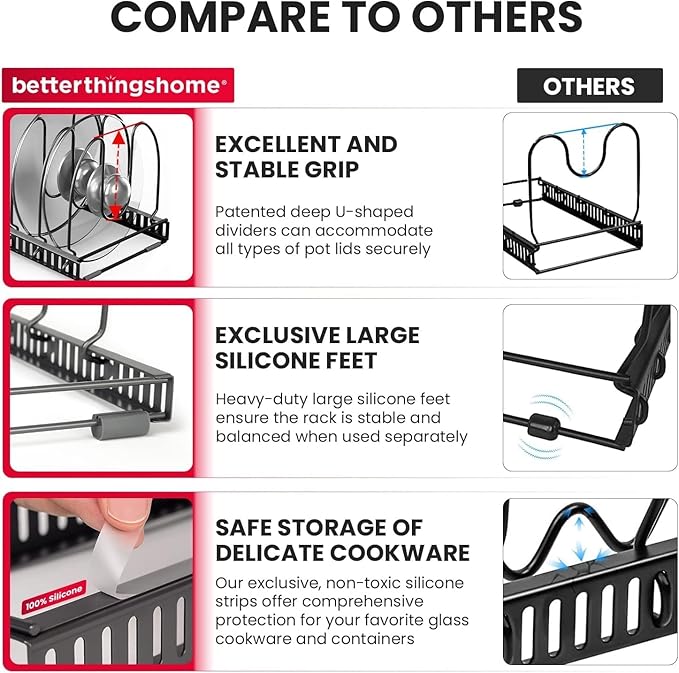 Better Things Home 7.5” Wide 12-Slot Adjustable Large Pan and Pot Lid Organizer with Scratch-Free Pads, Expandable Pot Lid Holder Rack for Cabinet, Pots and Pans Organizer Inside Cabinet - Image 5