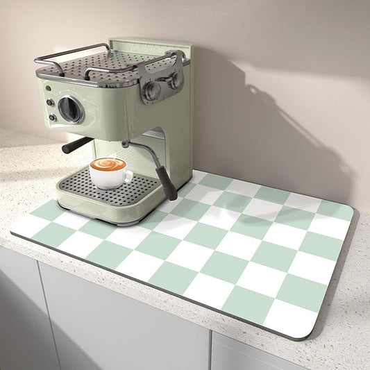 Dish Drying Mat for Kitchen Counter, 12" x 20" Checkered Coffee Bar Mat for Espresso Machine, Absorbent Stain-Resistant Countertop Protector, Non-Slip Back Drying Pad for Coffee Maker, Green & White