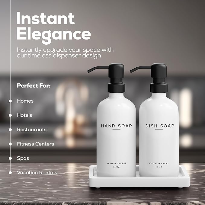 White Glass Hand and Dish Soap Dispenser Set by Brighter Barns - Kitchen Soap Dispenser Set with Tray for Kitchen, Home or Vacation Rental - Modern Kitchen Decor & Accessories (White) - Image 2