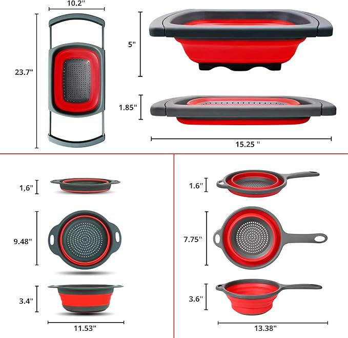Set of 3 Red Food Strainer for Kitchen - Silicone Sieve Small Foldable Colander for Pasta and Spaghetti Multifunctional Silicone Collapsible Strainer for Camping - Image 2