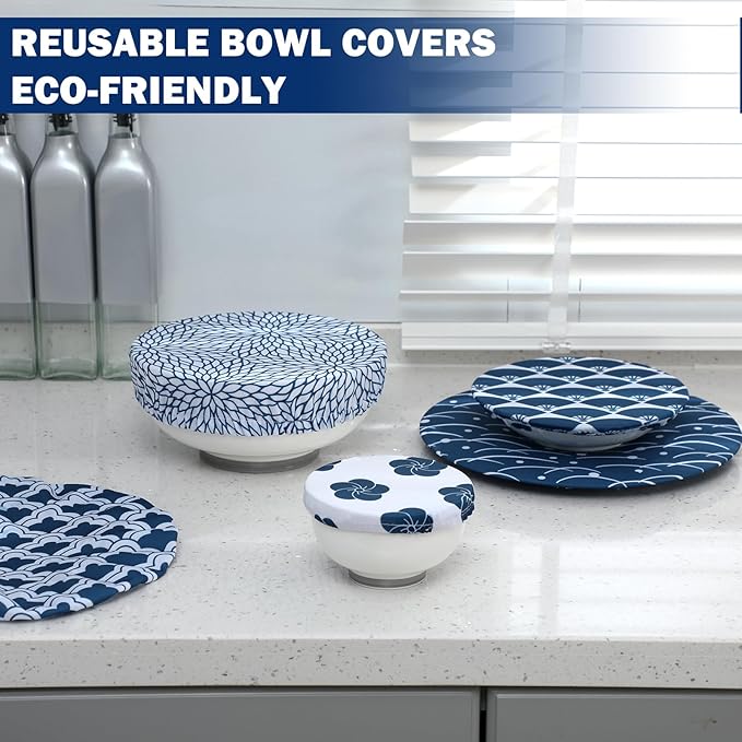 Patelai 10 Pcs Bowl Covers Reusable in 5 Size Stretch Cloth Fabric Elastic Food Storage Bowl Covers Bread Sourdough Lids for Proofing Food Fruits Leftover(Blue White,Japanese) - Image 3