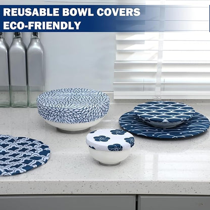 Patelai 10 Pcs Bowl Covers Reusable in 5 Size Stretch Cloth Fabric Elastic Food Storage Bowl Covers Bread Sourdough Lids for Proofing Food Fruits Leftover(Blue White,Japanese) - Image 3