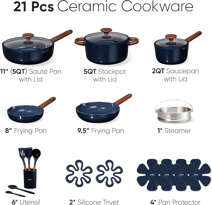 CAROTE 21pcs Cookware Set Nonstick Pots and Pans Set, Ceramic Cookware Set Induction Cookware, Non toxic Healthy Non Stick Kitchen Cooking Set, PFAS PTFE Free, Blue - Image 2